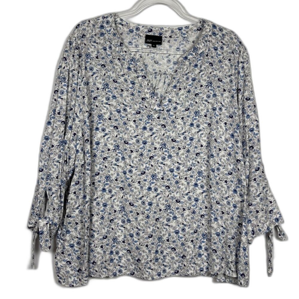 Jones New York JNY Floral V Neck Blouse 2X Blue White Tie Sleeve Boho Coastal